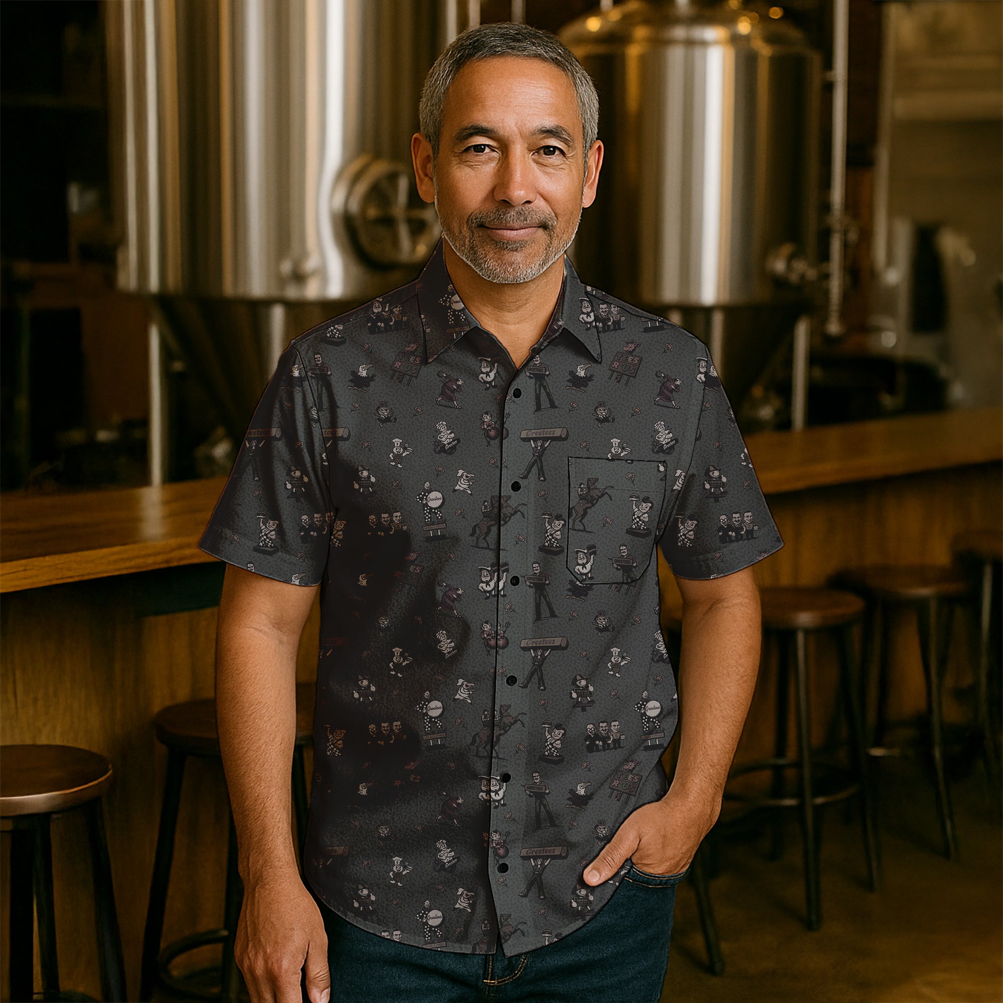 Man wearing a patterned shirt in a brewery setting