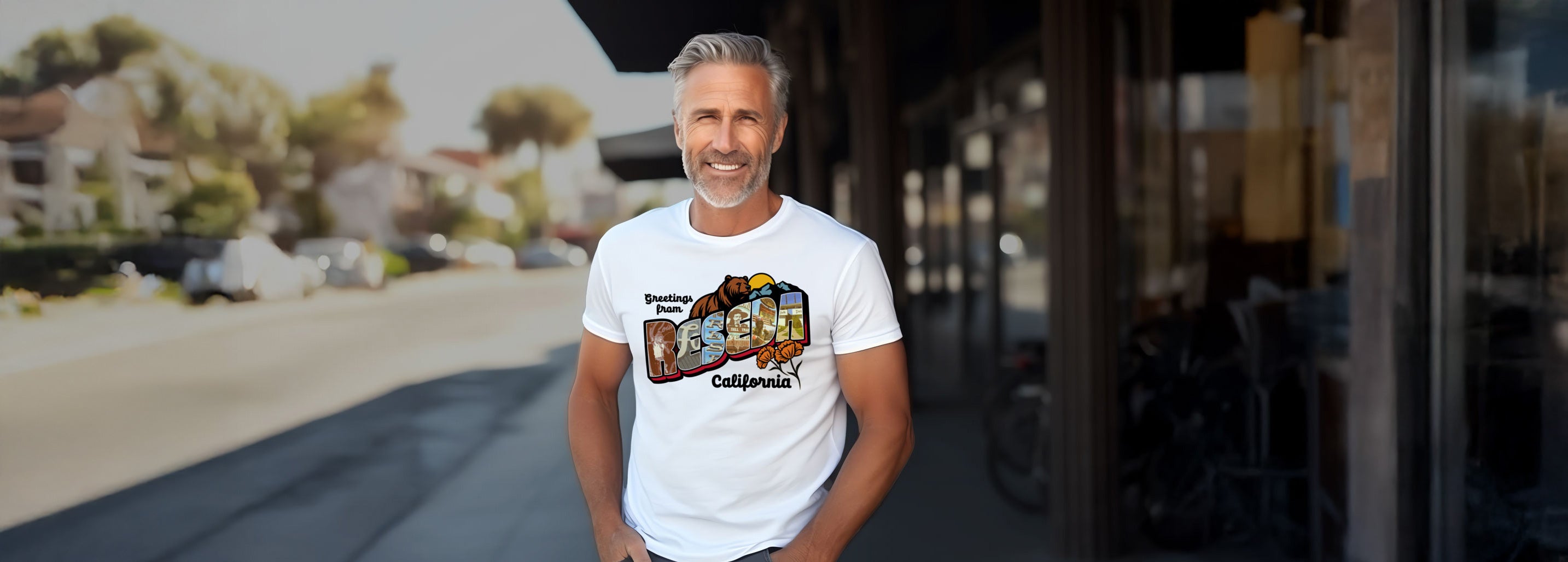 Man wearing a white t-shirt with a graphic design standing in front of a blurred outdoor background